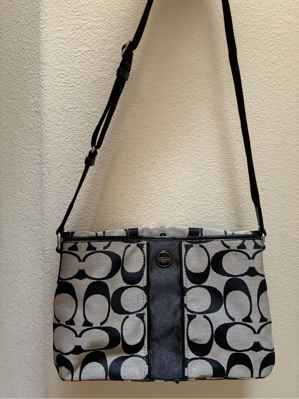 NWOT Coach Navy & Grey Signature foldable two way Canvas Tote with Leather Trim